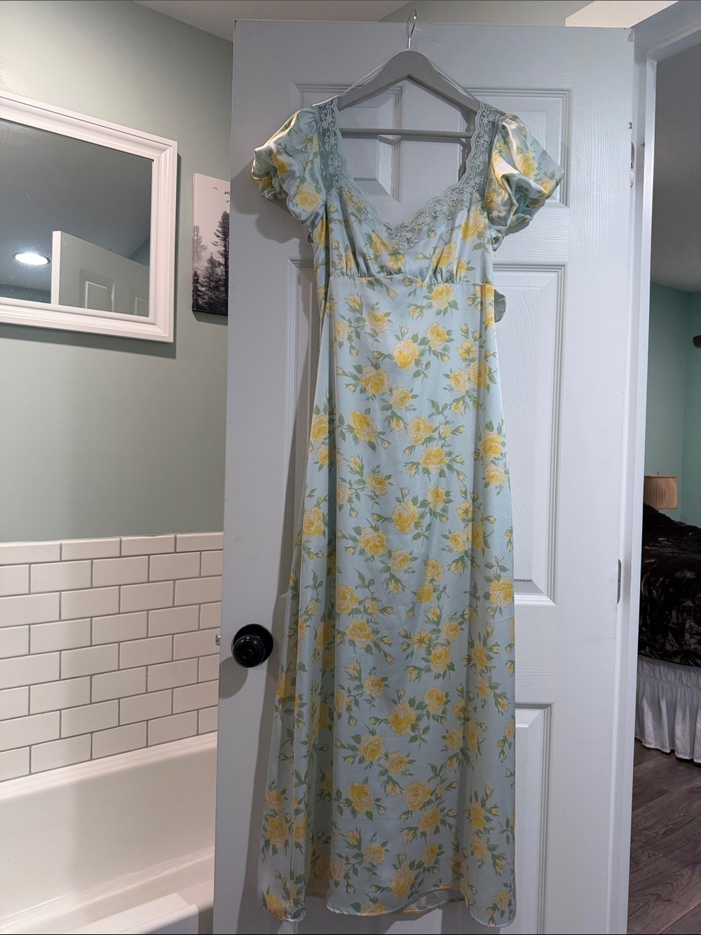 Altar'd State Pastel Blue Maxi Dress with Yellow Floral Print